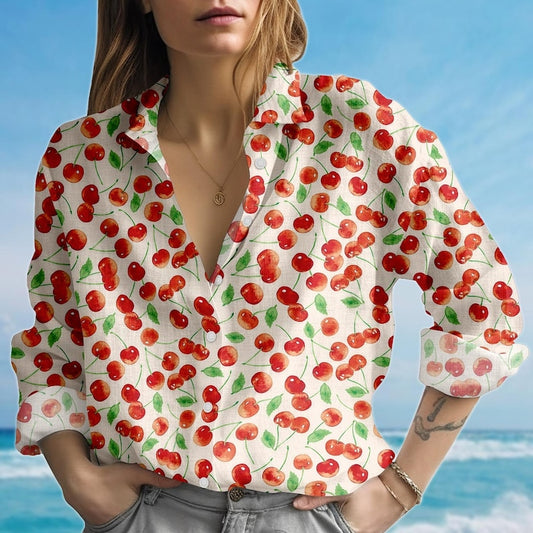 Joycorners Cherry Blouse Shirt, Red Cherry Women Shirt, Red Fruit Casual Shirt, Summer Cute Shirt, Women Cottagecore Shirt, Birthday Gift For Her