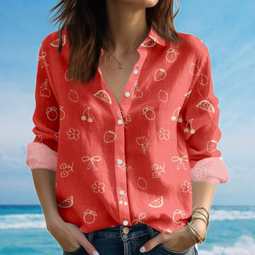Joycorners Cute Fruit Blouse Shirt, Bows And Flowers Women Shirt, Minimalist Strawberry Cherry Shirt, Women Casual Shirt, Birthday Gift For Her