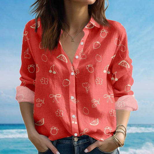 Joycorners Cute Fruit Blouse Shirt, Bows And Flowers Women Shirt, Minimalist Strawberry Cherry Shirt, Women Casual Shirt, Birthday Gift For Her