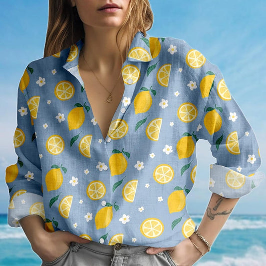 Joycorners Lemon Blouse Shirt, Citrus Women Shirt, Summer Fruit Casual Shirt, Cute Yellow Lemon Floral Cottagecore Shirt, Birthday Gift For Her