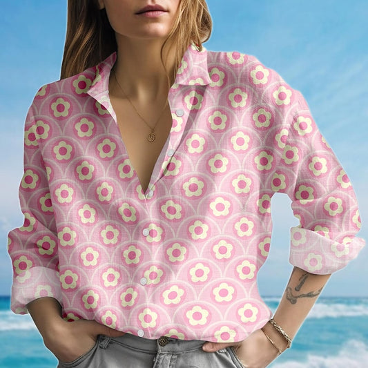 Joycorners Pink Retro Floral Blouse Shirt, Vintage Daisy Women Shirt, 70S Flower Casual Shirt, Cute Summer Cottagecore Shirt, Gift For Her