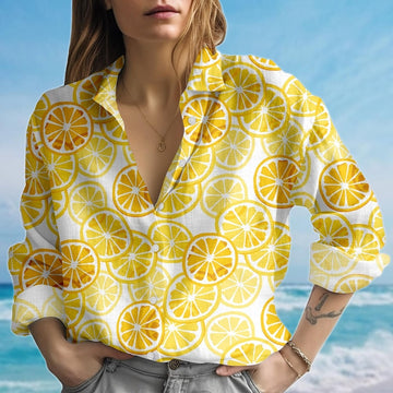 Joycorners Citrus Lemon Orange Blouse Shirt, Yellow Fruit Women Shirt, Summer Fresh Shirt, Zesty Casual Shirt For Women, Birthday Gift For Her