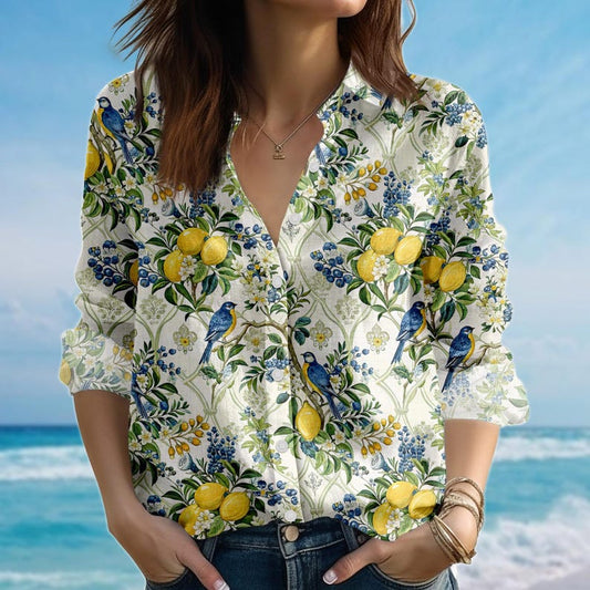 Joycorners Bird Lemon Floral Blouse Shirt, Cottagecore Women Shirt, Bluebird Citrus Garden Print Top, Vintage Nature Shirt Women, Gift For Her