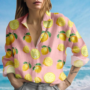 Joycorners Lemon Blouse Shirt, Citrus Fruit Women Shirt, Cute Yellow Lemon Print Top, Summer Fresh Picnic Shirt For Women, Funny Gift For Her