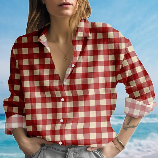 Joycorners Red Gingham Check Blouse Shirt, Vintage Women Shirt, Plaid Women Blouse, Retro Country Girl Fall Casual Shirt, Gift For Her