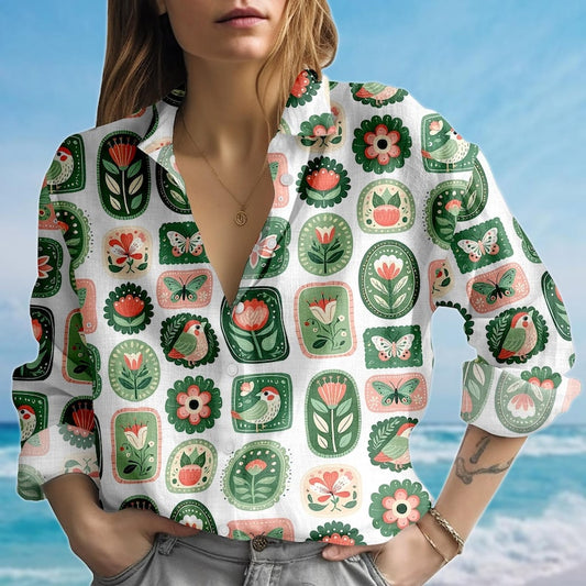 Joycorners Pastel Folk Art Blouse Shirt, Green Pink Bird And Floral Shirt, Cottagecore Butterfly Women Shirt, Cute Scandinavian Style Shirt