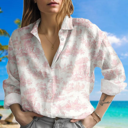 Joycorners Pink Toile Print Shirt, Vintage Scene Women Blouse, Romantic Pastoral Button Down, Cottagecore Aesthetic Shirt