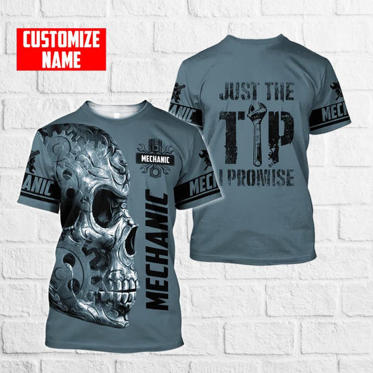 Joycorners Personalized All Over Print Mechanic Shirt, Skull and Gear Graphic Shirt, Gift for Car & Mechanic Lover PT2609