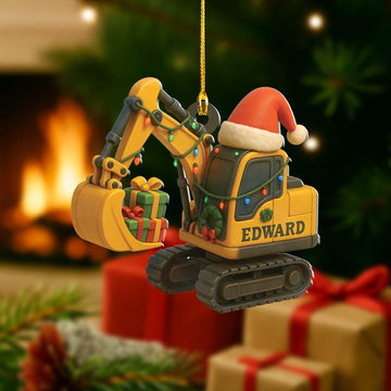 Joycorners Personalized 2D Flat Excavator Christmas Ornament: Construction Truck Holiday Decor