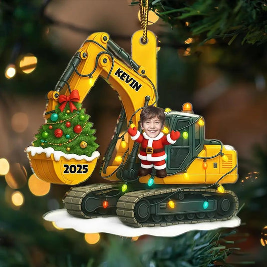 Joycorners Custom Photo Christmas Excavator Construction - Personalized Custom Shaped Acrylic Ornament, Acrylic Keepsake Christmas Gift For Family