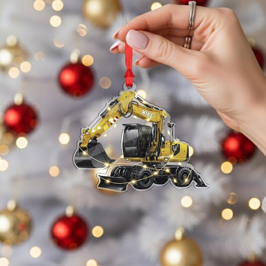Joycorners Personalized Excavator Christmas Ornament, Custom Name Construction Worker Gift, Acrylic Digger Ornament for Builder, Heavy Equipment Decor