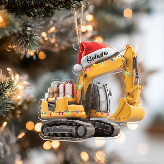 Joycorners Custom 2D Flat Excavator Christmas Ornament, Construction Truck Holiday Decor, Gift For Boys, Construction Vehicles Excavator Ornament Name