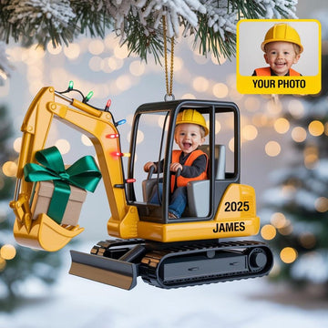 Joycorners Personalized Kid Face Excavator Ornament: Custom Acrylic Christmas Gift