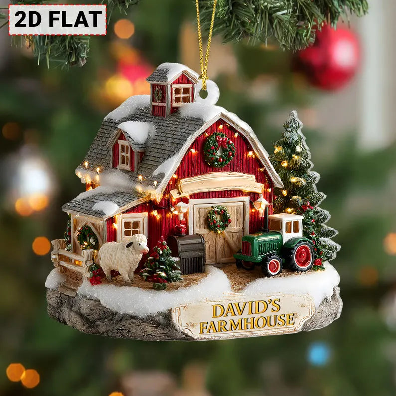 Christmas ornament of a red barn with lights, sheep, and a tractor on a snowy base, with 'David's Farmhouse' text.