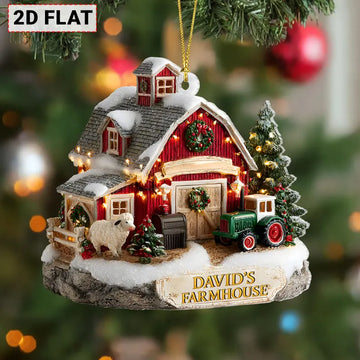 Christmas ornament of a red barn with lights, sheep, and a tractor on a snowy base, with 'David's Farmhouse' text.