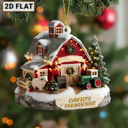 Christmas ornament of a red barn with lights, sheep, and a tractor on a snowy base, with 'David's Farmhouse' text.