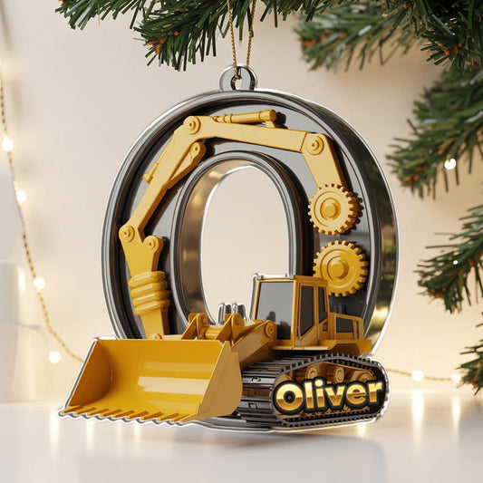 Joycorners Personalized Construction Truck Letter Ornament, Custom Name Kids Christmas Gift 2025, Digger Excavator Boy Xmas Keepsake Decor