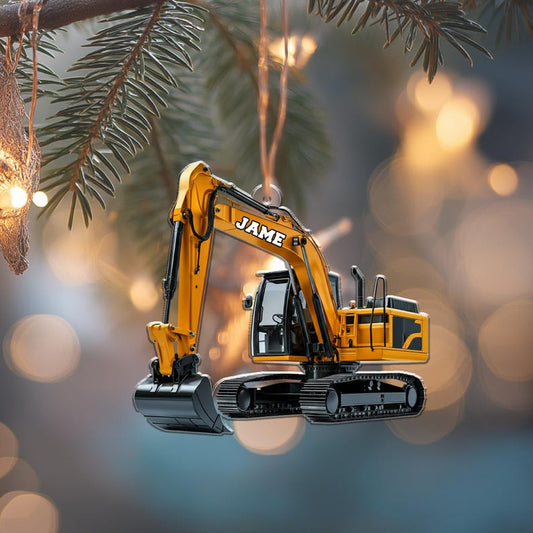 Joycorners Personalized Excavator 2D Flat Ornament, Custom Name Construction Gift for Boy, Excavator Gift for Kids, Boys Name Ornament,Truck Lover Gift