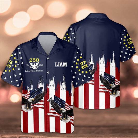 Joycorners Custom Name America 250th Anniversary Eagle Hawaiian Shirt, USA Freedom Gift