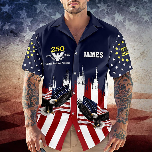 Joycorners Custom Name America 250th Anniversary Eagle Hawaiian Shirt, USA Freedom Gift