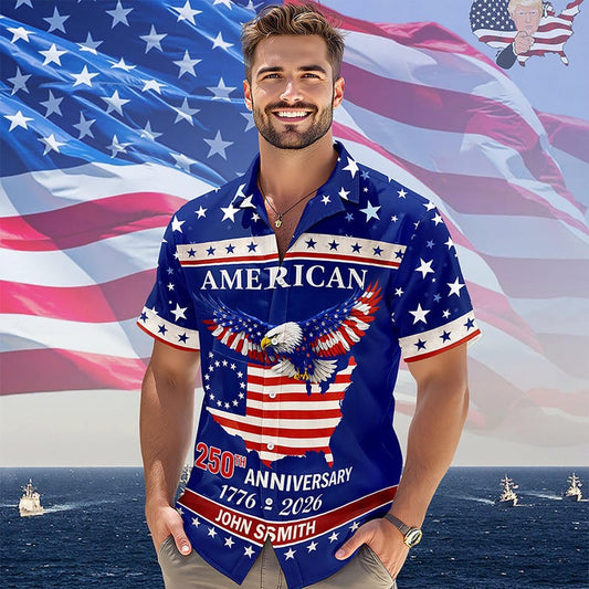 Joycorners Custom Name American 250th Anniversary Eagle Flag Hawaiian Shirt