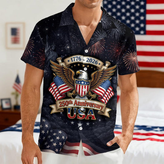 Joycorners Personalized 250th Anniversary Black Patriotic Hawaiian Shirt, American Freedom
