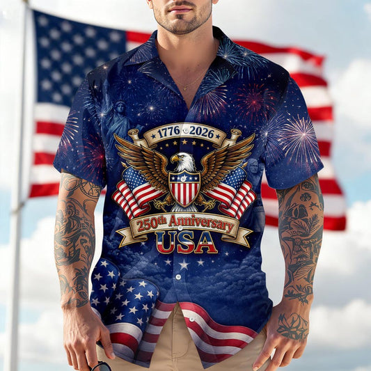 Joycorners Personalized 250th Anniversary Blue Tropical Hawaiian Shirt, Independence Apparel