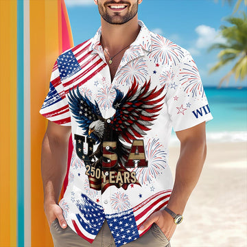 Joycorners Personalized America 250 Years Eagle White Hawaiian Shirt, Freedom Celebration