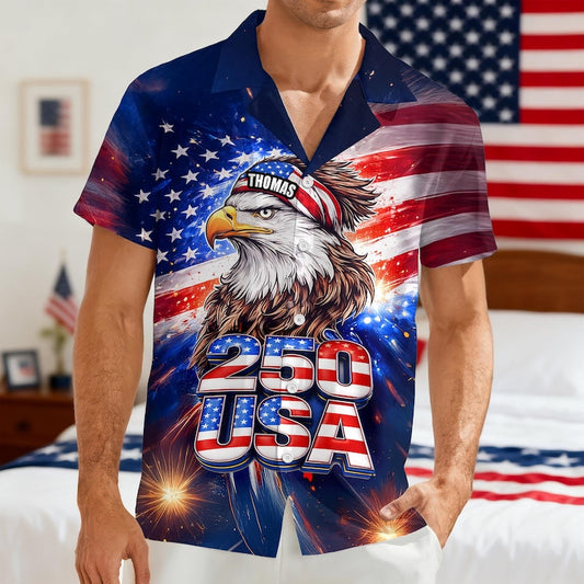 Joycorners Personalized Name America 250 Eagle Patriotic Hawaiian Shirt, Freedom Celebration Apparel