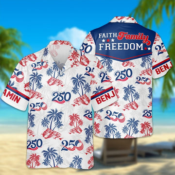 Joycorners America Faith Family Freedom White Hawaiian Shirt, Patriotic USA Outfit