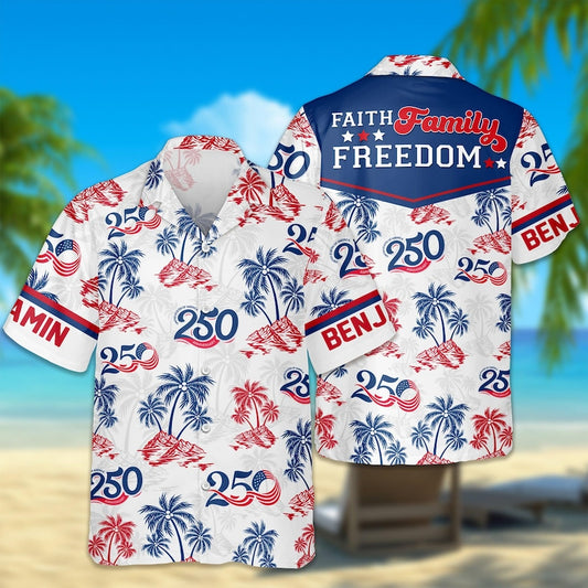Joycorners America Faith Family Freedom White Hawaiian Shirt, Patriotic USA Outfit