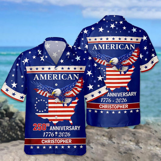 Joycorners Custom Name American 250th Anniversary Eagle Flag Hawaiian Shirt