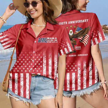 Joycorners Custom Name Eagles 250th Birthday Red Hawaiian Shirt, Patriotic Celebration
