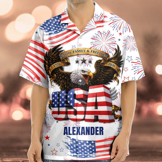 Joycorners Custom Name Independence Day USA Eagle Faith Family Freedom Hawaiian Shirt