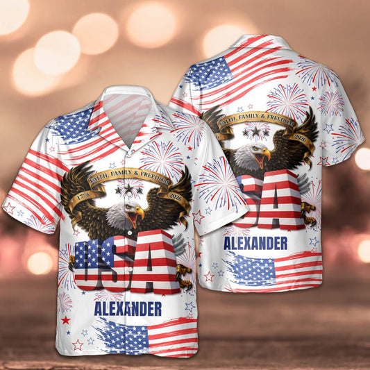 Joycorners Custom Name Independence Day USA Eagle Faith Family Freedom Hawaiian Shirt