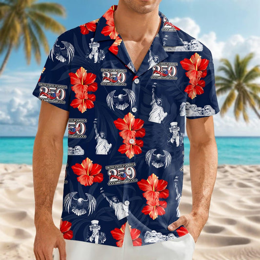 Joycorners Personalized America 250 Anniversary Navy Hawaiian Shirt, Patriotic Summer Apparel