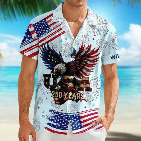 Joycorners Personalized America 250 Years Eagle Blue Hawaiian Shirt, USA Patriotic Outfit