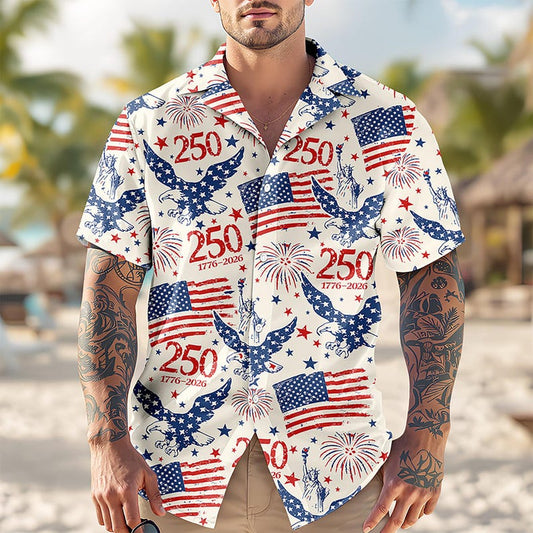 Joycorners Personalized America 250th Anniversary Patriotic Eagle Beige Hawaiian Shirt