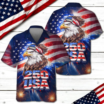 Joycorners Personalized Name America 250 Eagle Patriotic Hawaiian Shirt, Freedom Celebration Apparel