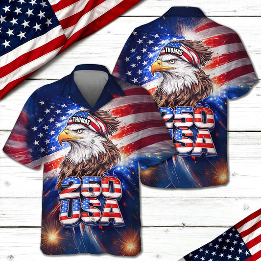 Joycorners Personalized Name America 250 Eagle Patriotic Hawaiian Shirt, Freedom Celebration Apparel