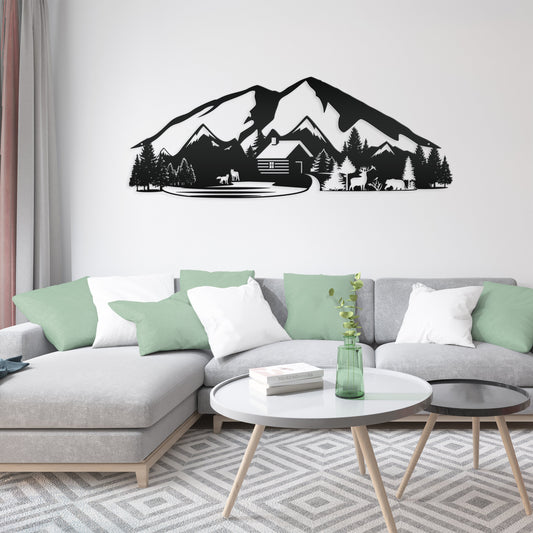 Joycorners Outdoor Mountain Cabin Silhouette Nature Scene Metal Sign-Rustic Themed Cabin-Lodge Decor LM0110