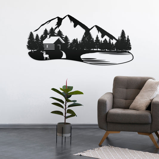 Joycorners Outdoor-Indoor Mountain Cabin Silhouette Nature Scene Metal Sign-Rustic Indoor-Outdoor-Mountain Themed Home Decor Mountain Cabin-Lodge Decor LM0110