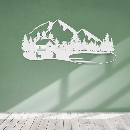 Joycorners Outdoor-Indoor Mountain Cabin Silhouette Nature Scene Metal Sign-Rustic Indoor-Outdoor-Mountain Themed Home Decor Mountain Cabin-Lodge Decor LM0110