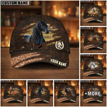 Joycorners Personalized Horse Horseshoe Pattern Dark Brown Leather Style Cap (9 Breeds)