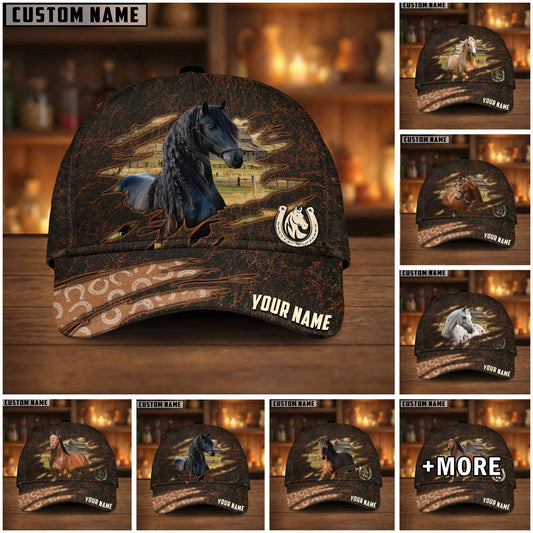Joycorners Personalized Horse Horseshoe Pattern Dark Brown Leather Style Cap (9 Breeds)