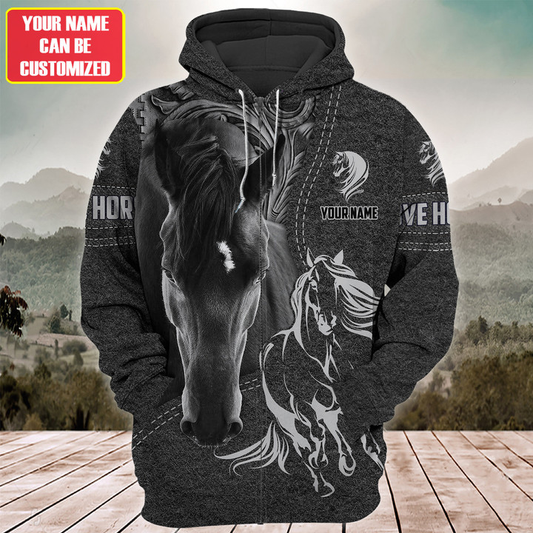 Joycorners Custom Name Black Horse Lovers 3D Hoodie