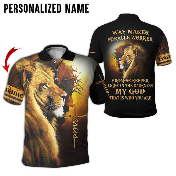Joycorners Custom Name Lion Cross Light Way Maker Miracle Worker Jesus 3D Shirt