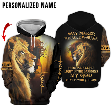 Joycorners Custom Name Lion Cross Light Way Maker Miracle Worker Jesus 3D Shirt
