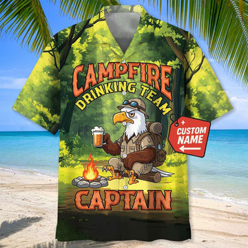 Joycorners Custom Name Campfire Drinking Team Captain Eagle Hawaiian Shirt