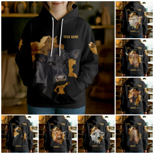 Joycorners Personalized Name & Farm Name Vintage Barn Cow Hoodie (10 Cattle Breeds)